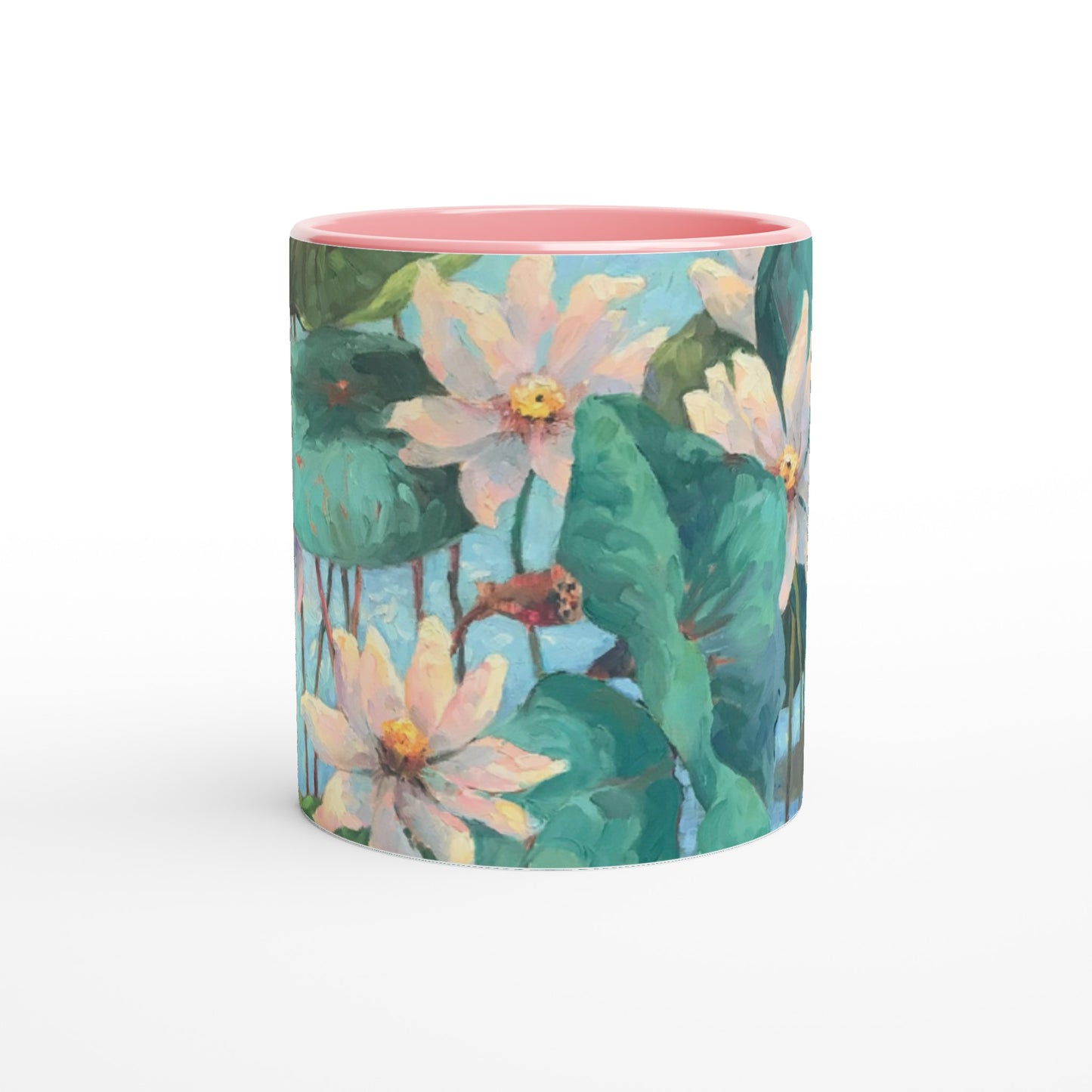 "Lily Pads" Floral White 11oz Ceramic Mug with Color Inside by Barbara Cleary Designs