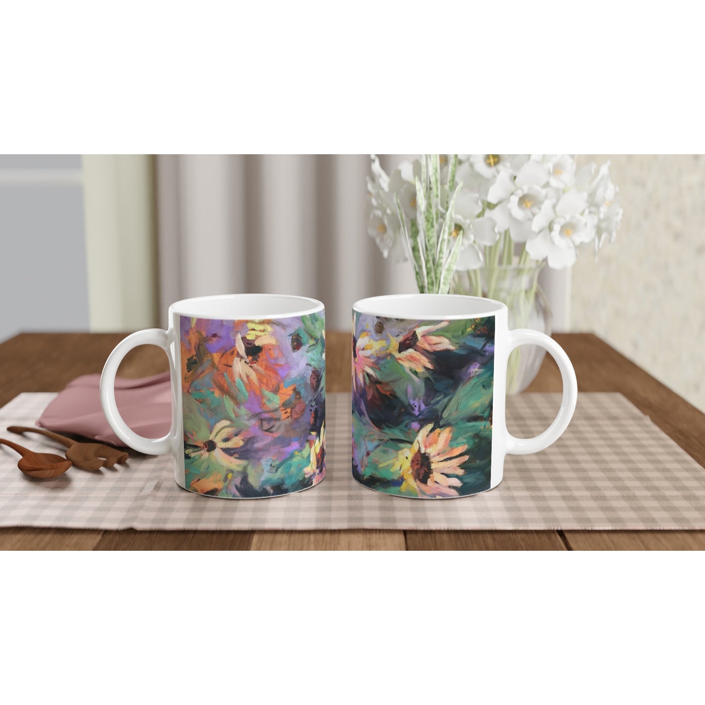 "Eastern Light" Floral White 11oz Ceramic Mug by Barbara Cleary Designs