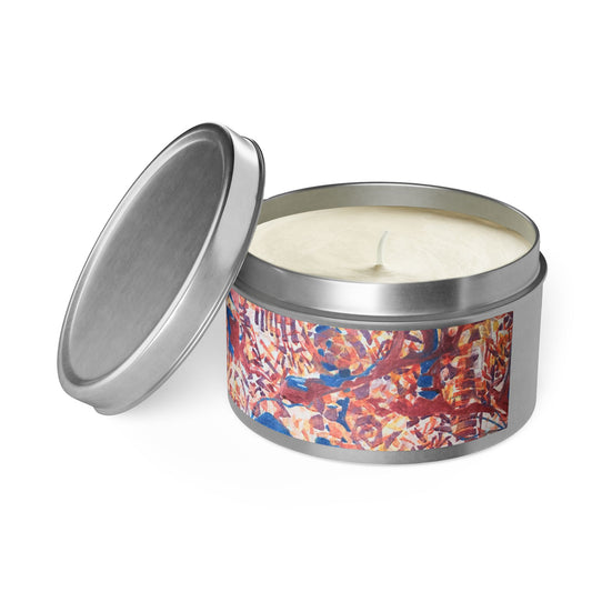 8oz Eco-Friendly Scented or Unscented Soy Wax Tin Candle with 'Abstract Fusion' Abstract Artwork by American Artist Barbara Cleary