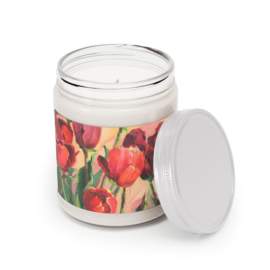 9oz Eco-Friendly Scented or Unscented Soy Wax Candle Jar  with 'Tulips' Floral Artwork by American Artist Barbara Cleary