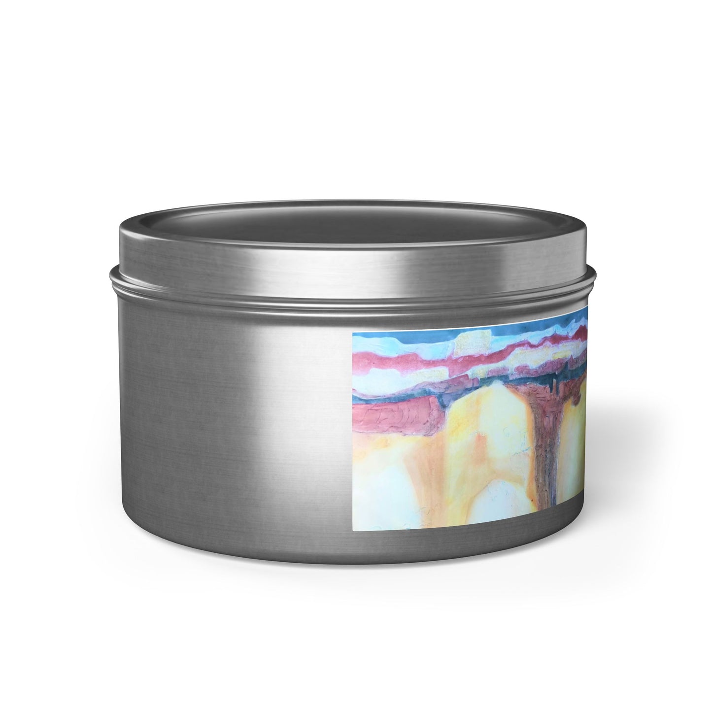 8oz Tin Candle 8oz Eco-Friendly Scented or Unscented Soy Wax Tin Candle with 'Southwest Mixed Media' Abstract Artwork by American Artist Barbara Cleary