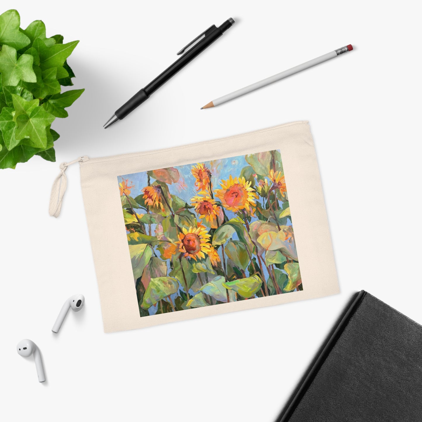 Eco-Friendly Pouch with 'Sunflowers' Floral I Original Artwork by American Artist Barbara Cleary