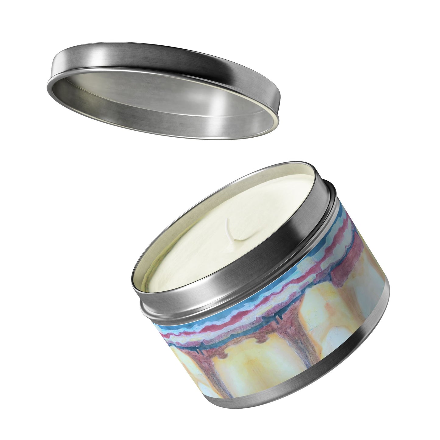 8oz Tin Candle 8oz Eco-Friendly Scented or Unscented Soy Wax Tin Candle with 'Southwest Mixed Media' Abstract Artwork by American Artist Barbara Cleary