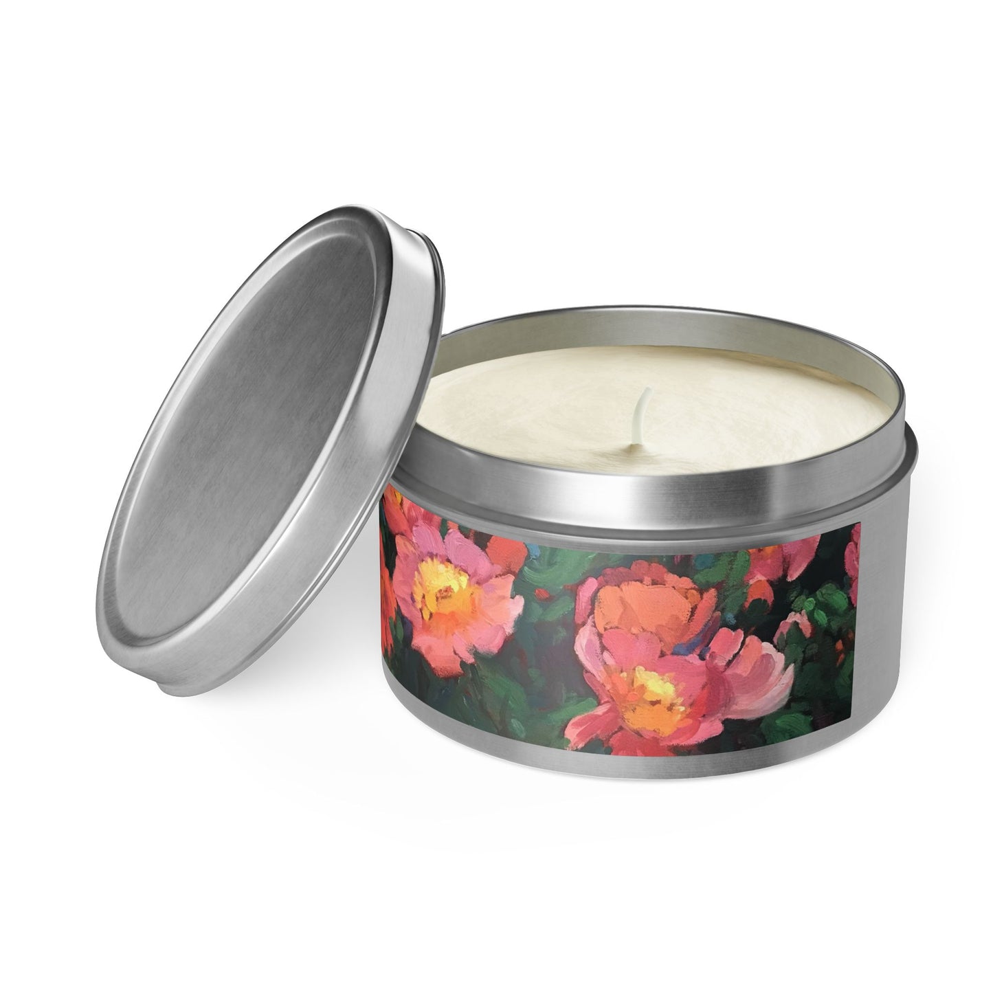 8oz Eco-Friendly Scented or Unscented Soy Wax Candle Tin with 'Pink Princess' Floral Artwork by American Artist Barbara Cleary