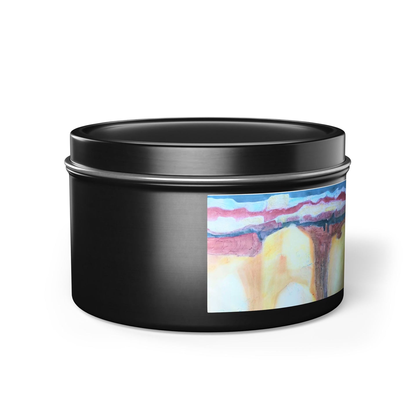 8oz Tin Candle 8oz Eco-Friendly Scented or Unscented Soy Wax Tin Candle with 'Southwest Mixed Media' Abstract Artwork by American Artist Barbara Cleary