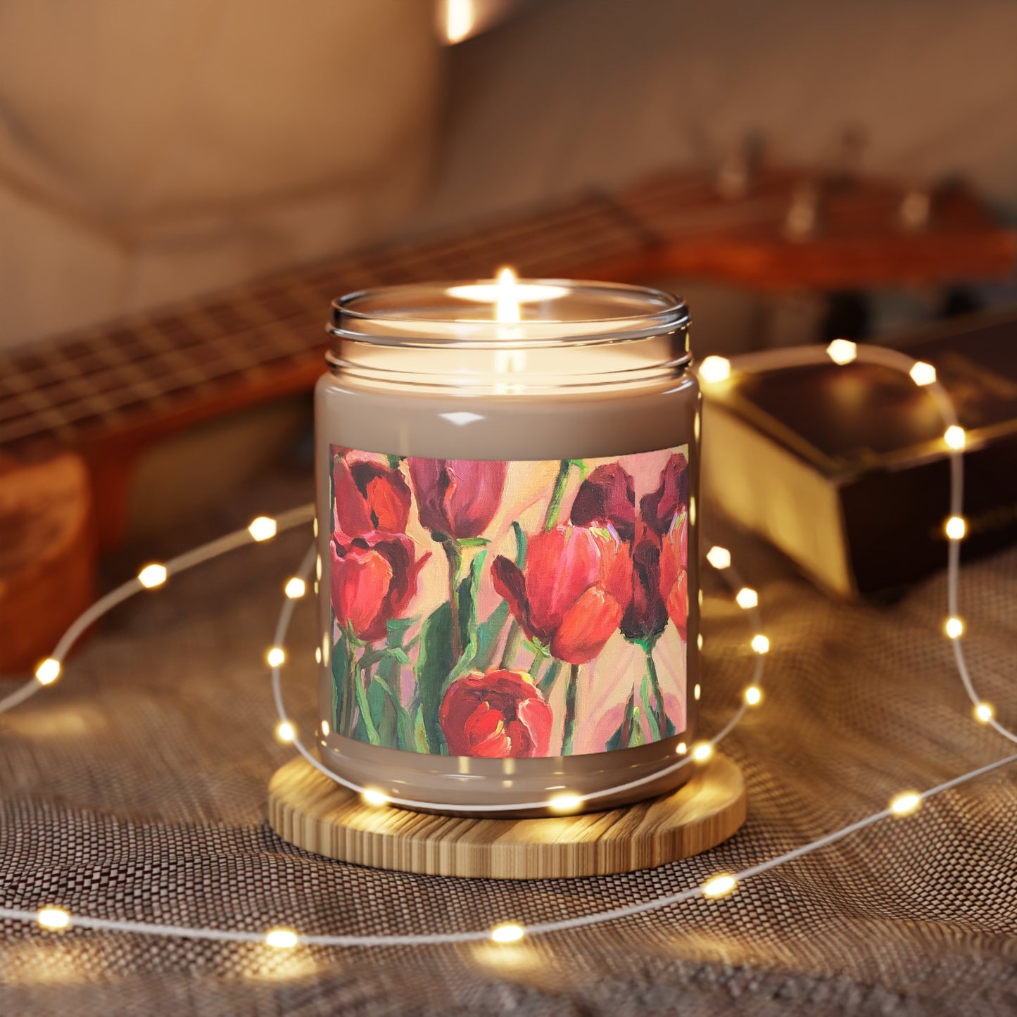 9oz Eco-Friendly Scented or Unscented Soy Wax Candle Jar  with 'Tulips' Floral Artwork by American Artist Barbara Cleary