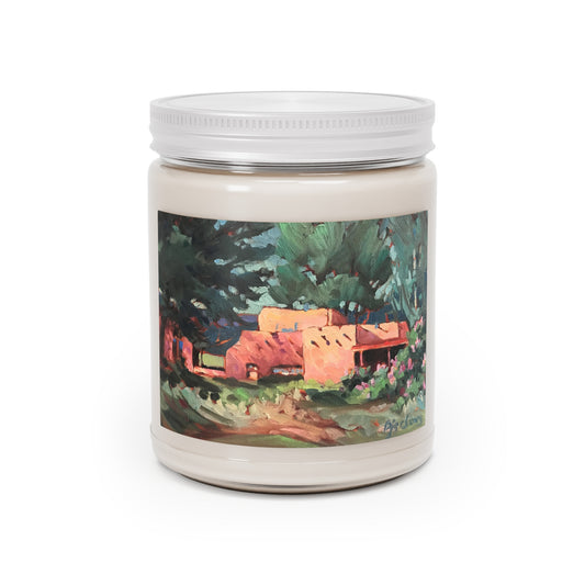 9oz Eco-Friendly Scented or Unscented Soy Wax Candle Jar  with 'Spring in Taos' Southwestern Artwork by American Artist Barbara Cleary