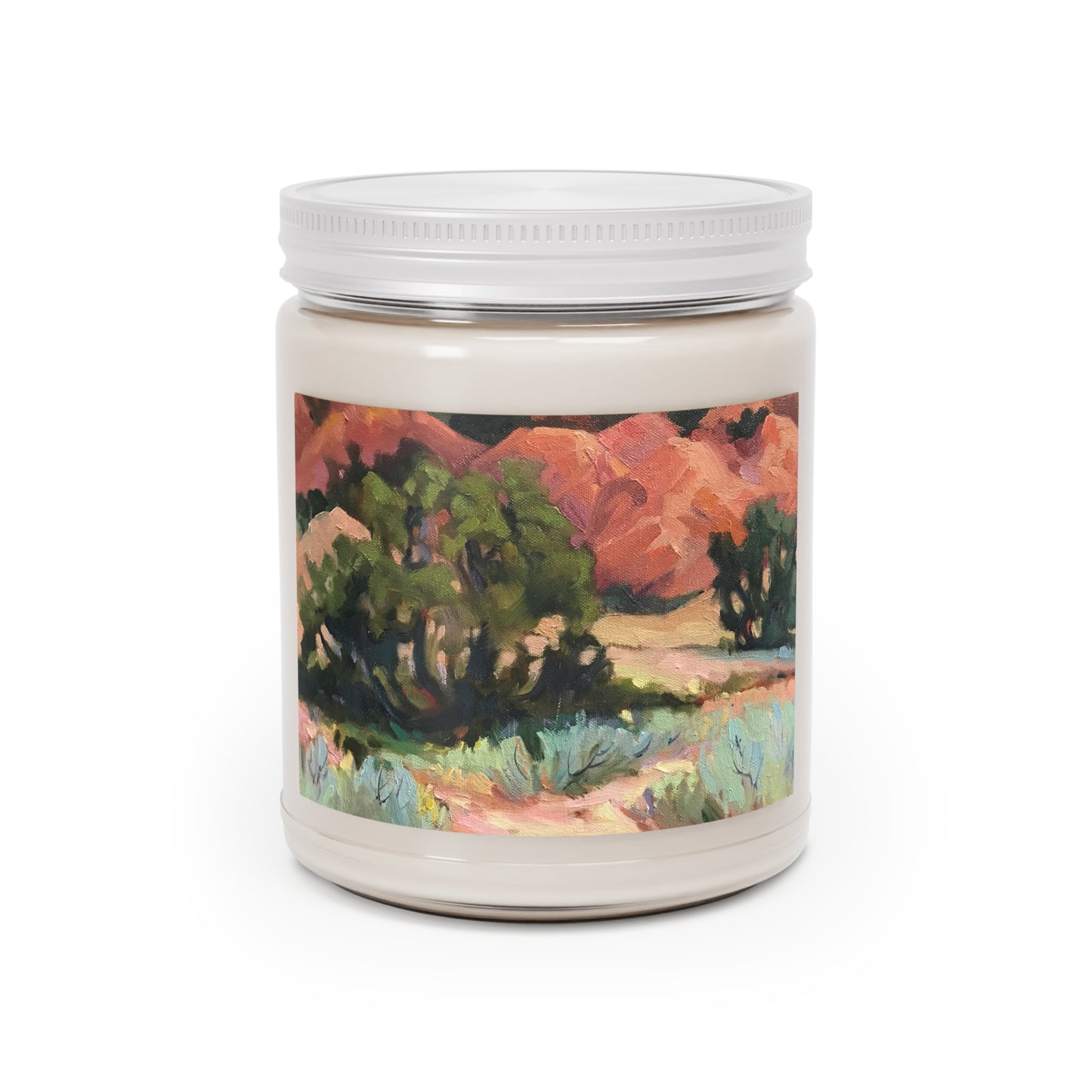 9oz Eco-Friendly Scented or Unscented Soy Wax Candle Jar  with 'Mesa at Ghost Ranch' Southwestern Artwork by American Artist Barbara Cleary