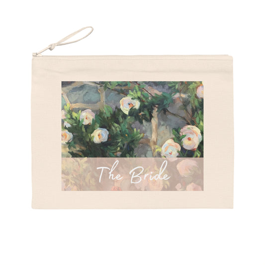 'Bachelorette' Eco-Friendly Pouch I Bridal Collection I with 'White Roses' Original Artwork by American Artist Barbara Cleary