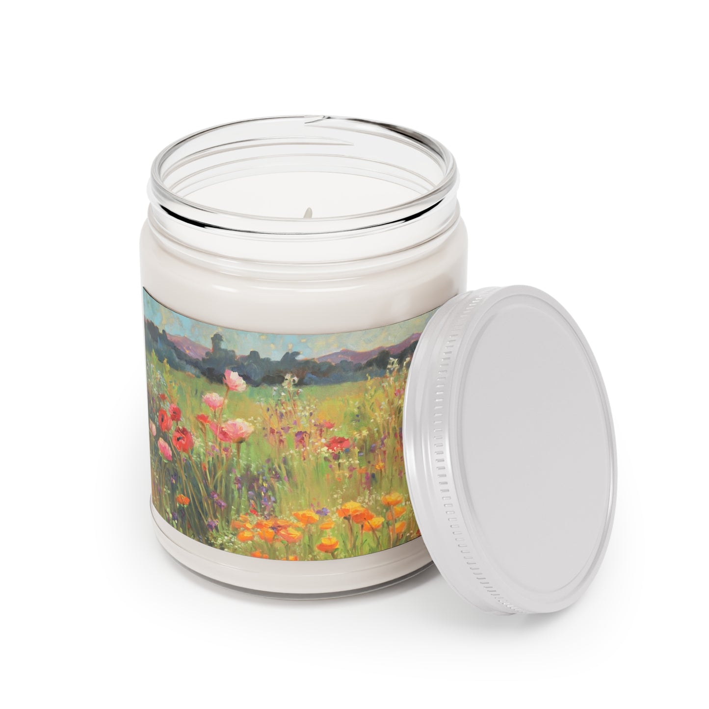 9oz Eco-Friendly Scented or Unscented Soy Wax Candle Jar  with 'Field of Poppies' Floral Artwork by American Artist Barbara Cleary