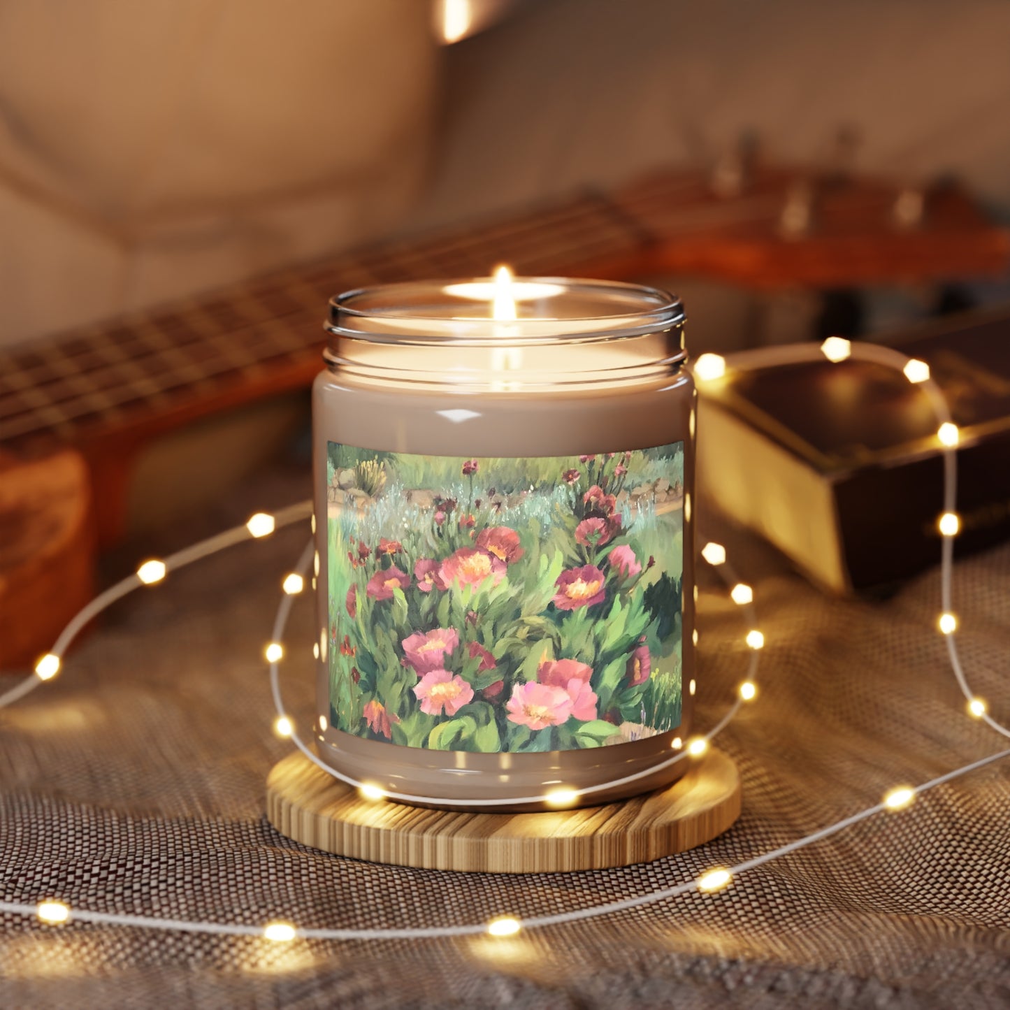 9oz Eco-Friendly Scented or Unscented Soy Wax Candle Jar with 'Pink Blooms' Floral Artwork by American Artist Barbara Cleary