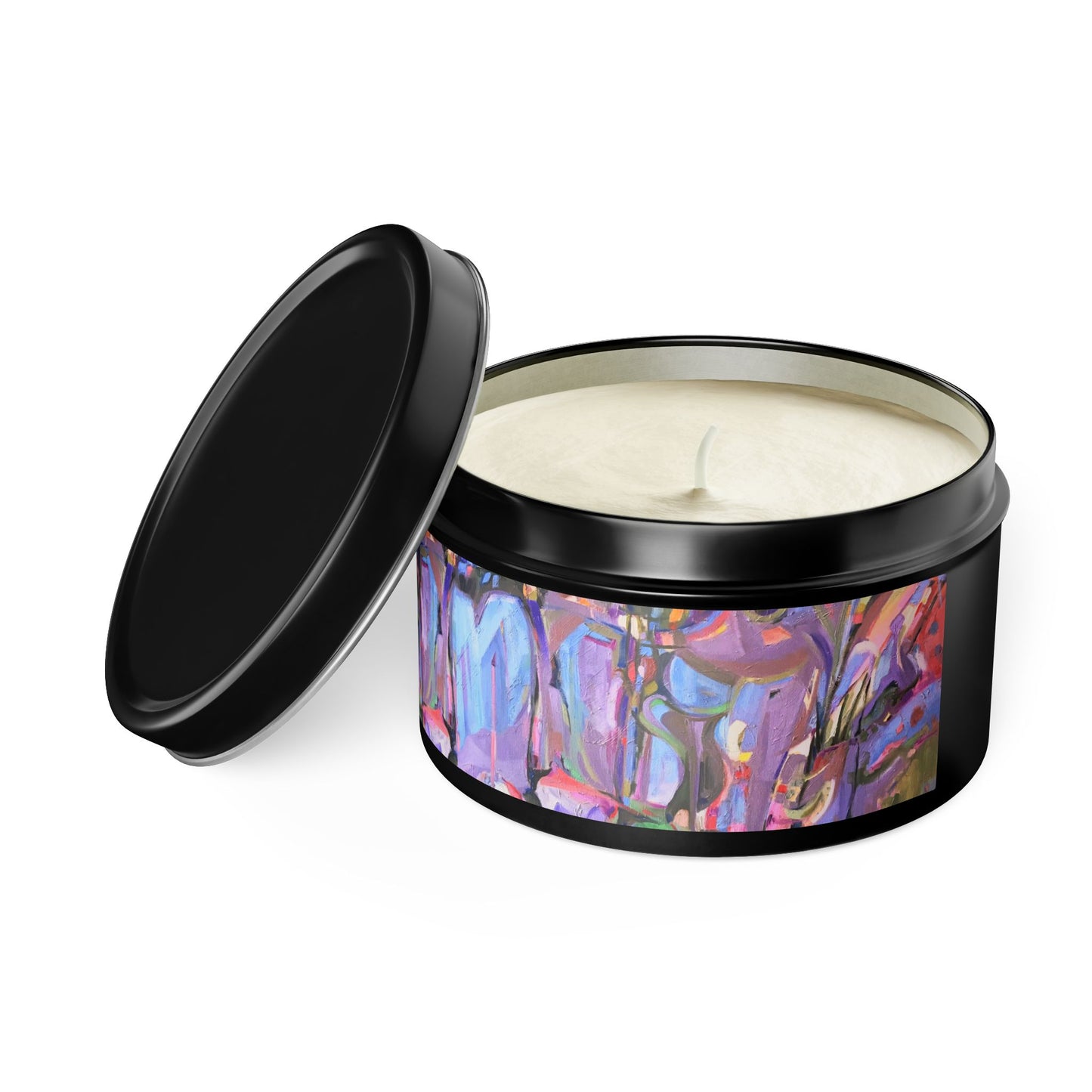 8oz Eco-Friendly Scented or Unscented Soy Wax Tin Candle with 'Passages' Abstract Artwork by American Artist Barbara Cleary