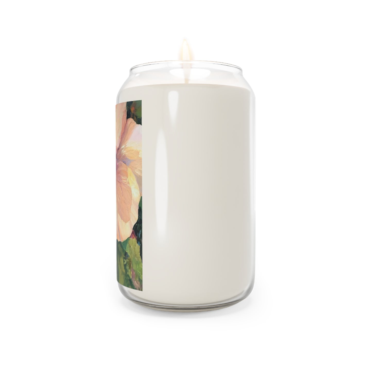 13.75oz Eco-Friendly Scented or Unscented Soy Wax Candle Jar with 'Pink Hibiscus' Floral Artwork by American Artist Barbara Cleary