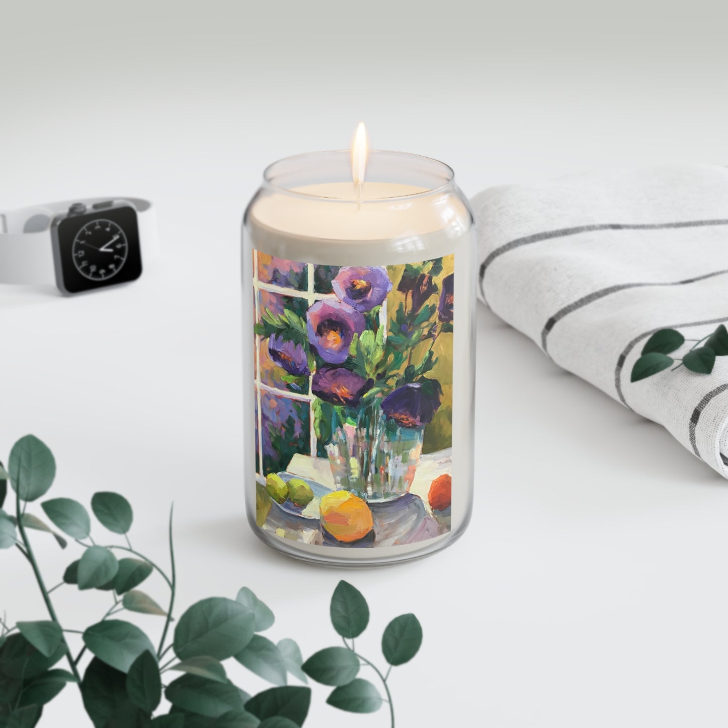 13.75oz Eco-Friendly Scented or Unscented Soy Wax Candle Jar  with 'Purple Flowers' Floral Artwork by American Artist Barbara Cleary