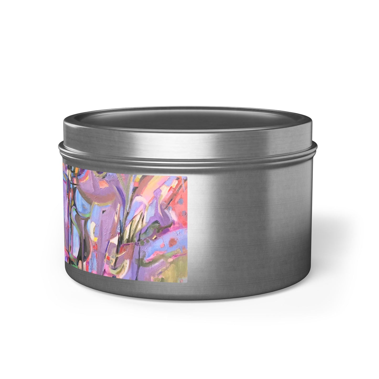 8oz Eco-Friendly Scented or Unscented Soy Wax Tin Candle with 'Passages' Abstract Artwork by American Artist Barbara Cleary