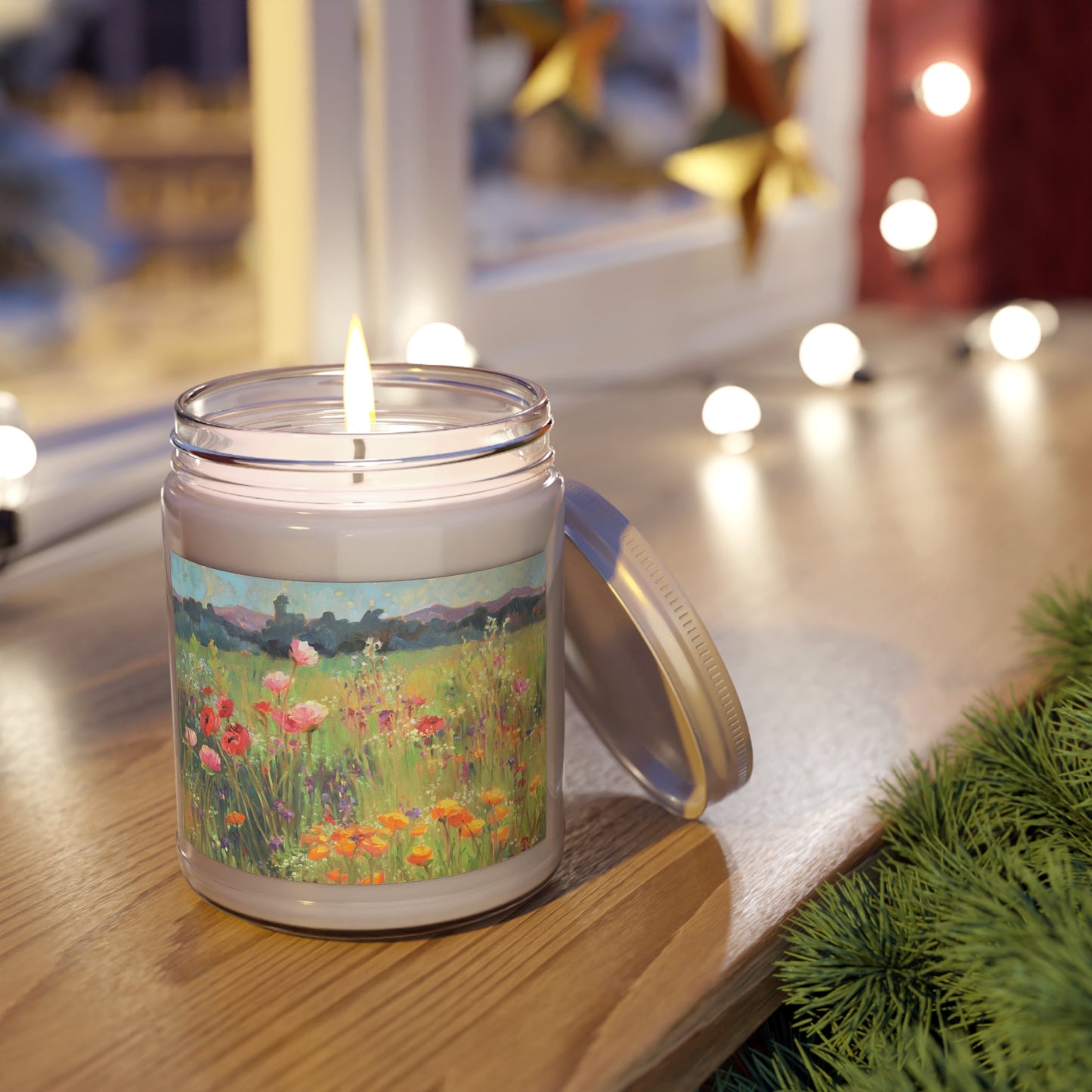 9oz Eco-Friendly Scented or Unscented Soy Wax Candle Jar  with 'Field of Poppies' Floral Artwork by American Artist Barbara Cleary