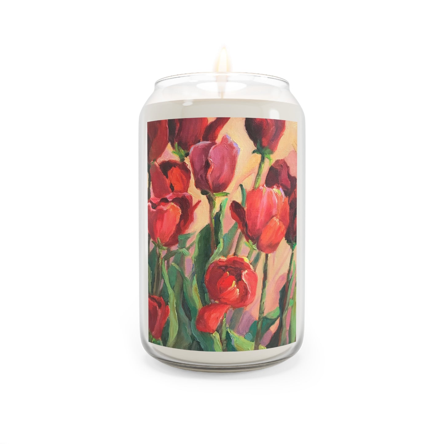 13.75oz Eco-Friendly Scented or Unscented Soy Wax Candle Jar  with 'Tulips' Floral Artwork by American Artist Barbara Cleary