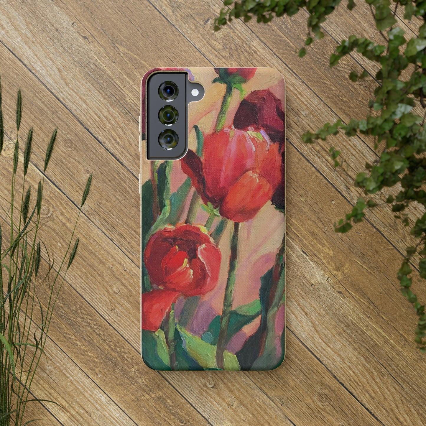 Biodegradable Phone Case with 'Red Tulips' Floral Original Artwork by Barbara Cleary