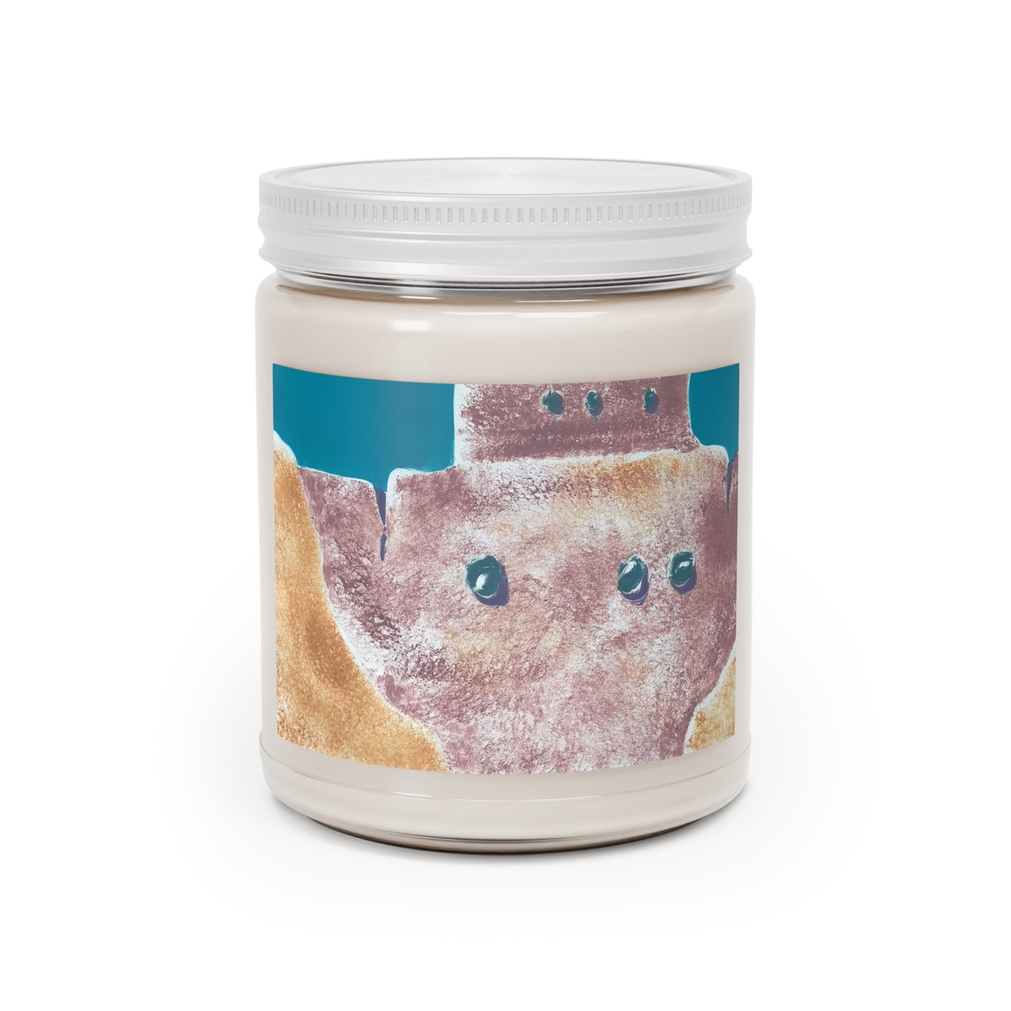 9oz Eco-Friendly Scented or Unscented Soy Wax Candle Jar with 'Pueblo Series 1' Abstract Artwork by American Artist Barbara Cleary