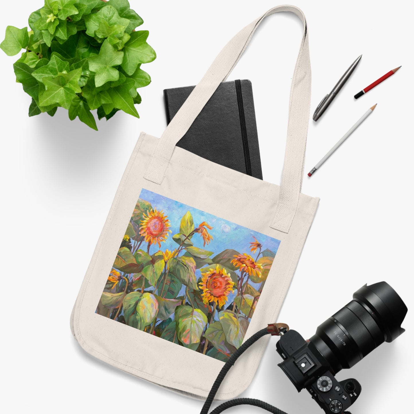 Organic Canvas Tote Bag with 'Sunflowers' Floral I Original Artwork by American Artist Barbara Cleary