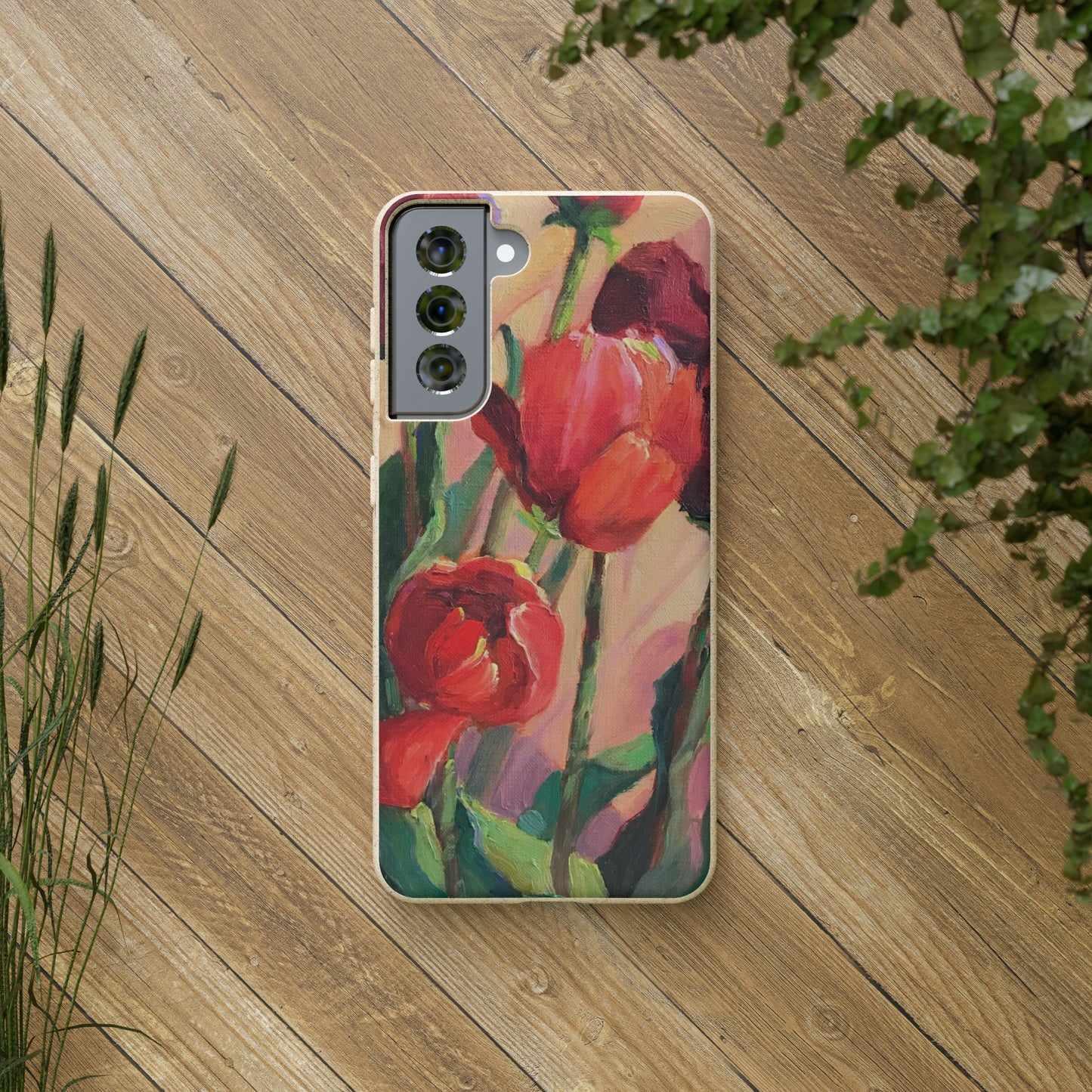 Biodegradable Phone Case with 'Red Tulips' Floral Original Artwork by Barbara Cleary