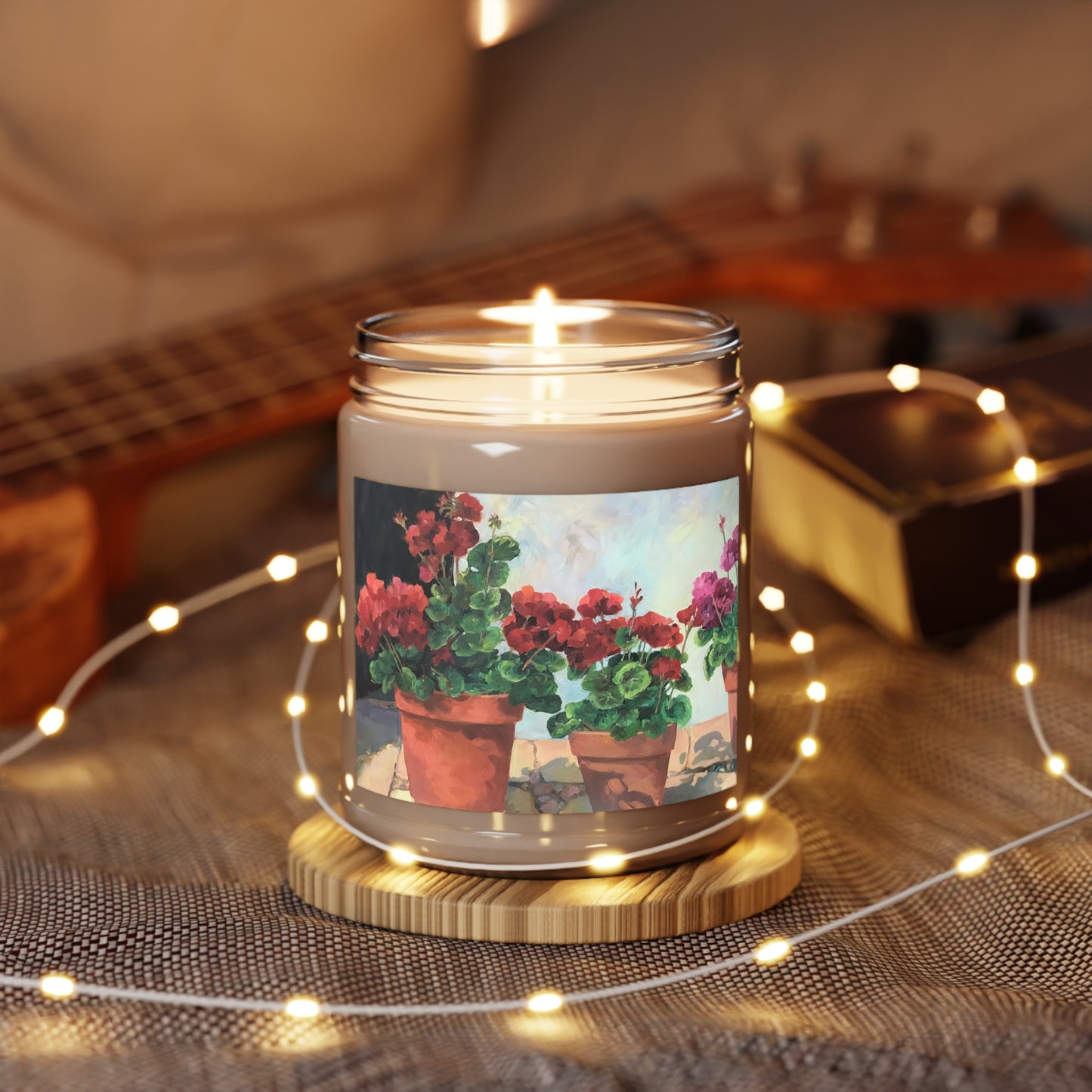 9oz Eco-Friendly Scented or Unscented Soy Wax Candle Jar  with 'Potted Red Geraniums Series 1' Floral Artwork by American Artist Barbara Cleary