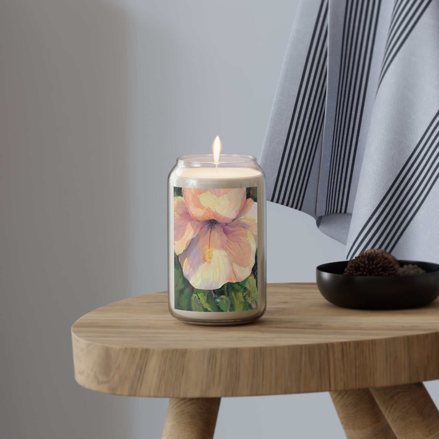 13.75oz Eco-Friendly Scented or Unscented Soy Wax Candle Jar with 'Pink Hibiscus' Floral Artwork by American Artist Barbara Cleary