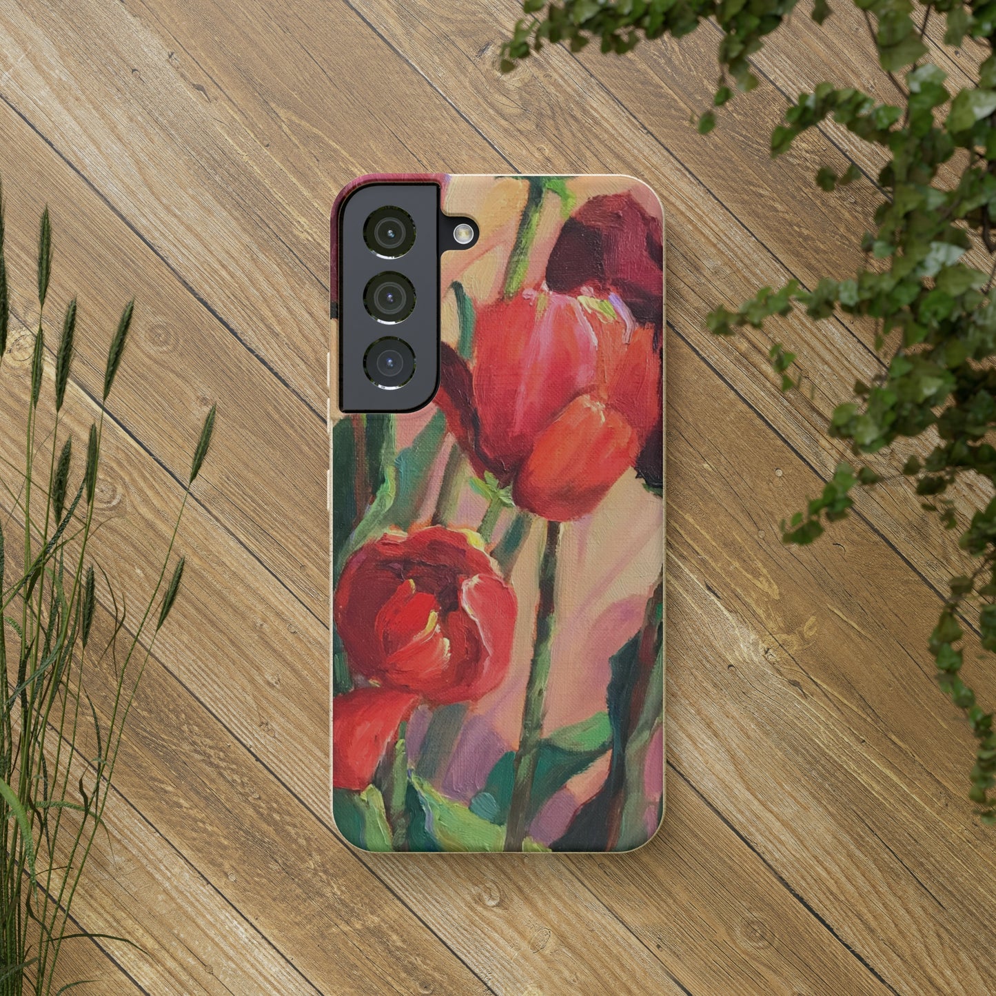 Biodegradable Phone Case with 'Red Tulips' Floral Original Artwork by Barbara Cleary