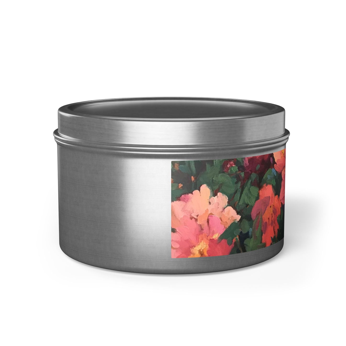 8oz Eco-Friendly Scented or Unscented Soy Wax Candle Tin with 'Pink Princess' Floral Artwork by American Artist Barbara Cleary