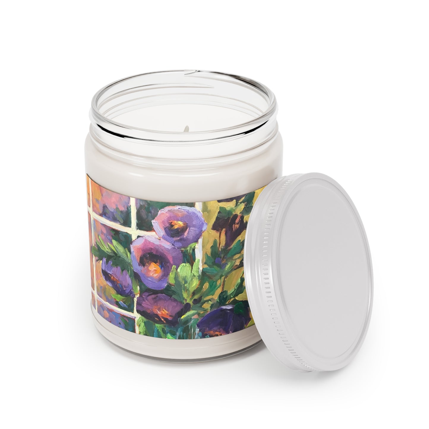 9oz Eco-Friendly Scented or Unscented Soy Wax Candle Jar with 'Purple Flowers' Artwork by American Artist Barbara Cleary