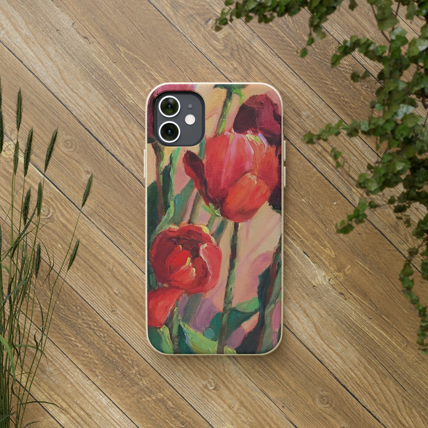 Biodegradable Phone Case with 'Red Tulips' Floral Original Artwork by Barbara Cleary