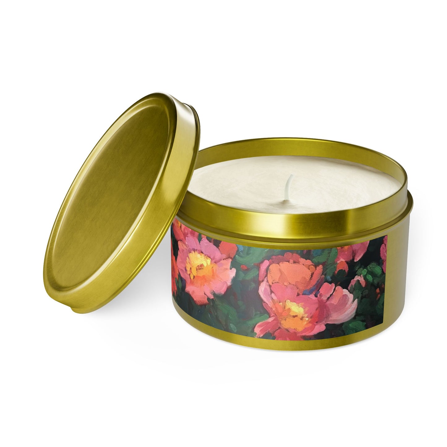 8oz Eco-Friendly Scented or Unscented Soy Wax Candle Tin with 'Pink Princess' Floral Artwork by American Artist Barbara Cleary