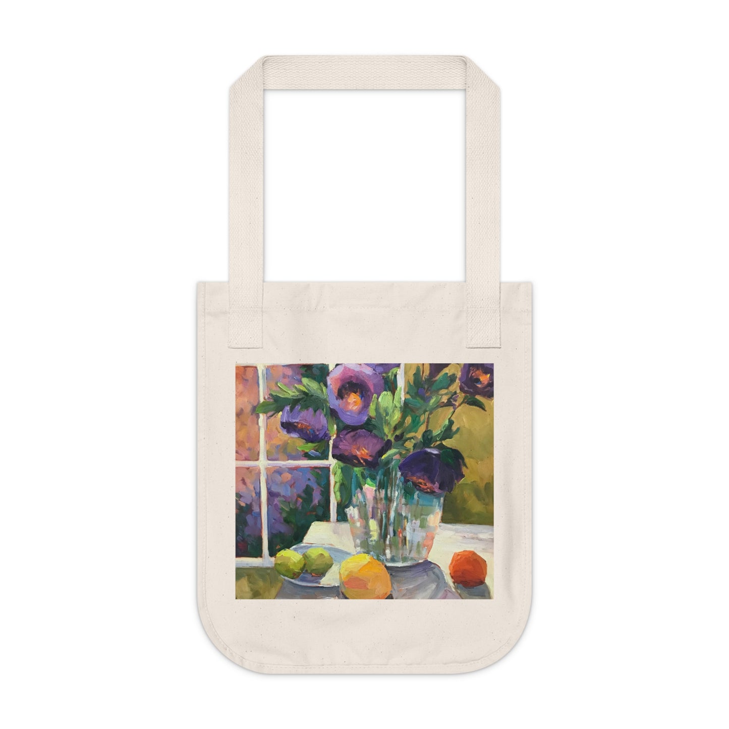 Organic Canvas Tote Bag with 'Purple Flowers' Floral I Original Artwork by American Artist Barbara Cleary