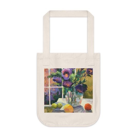 Organic Canvas Tote Bag with 'Purple Flowers' Floral I Original Artwork by American Artist Barbara Cleary