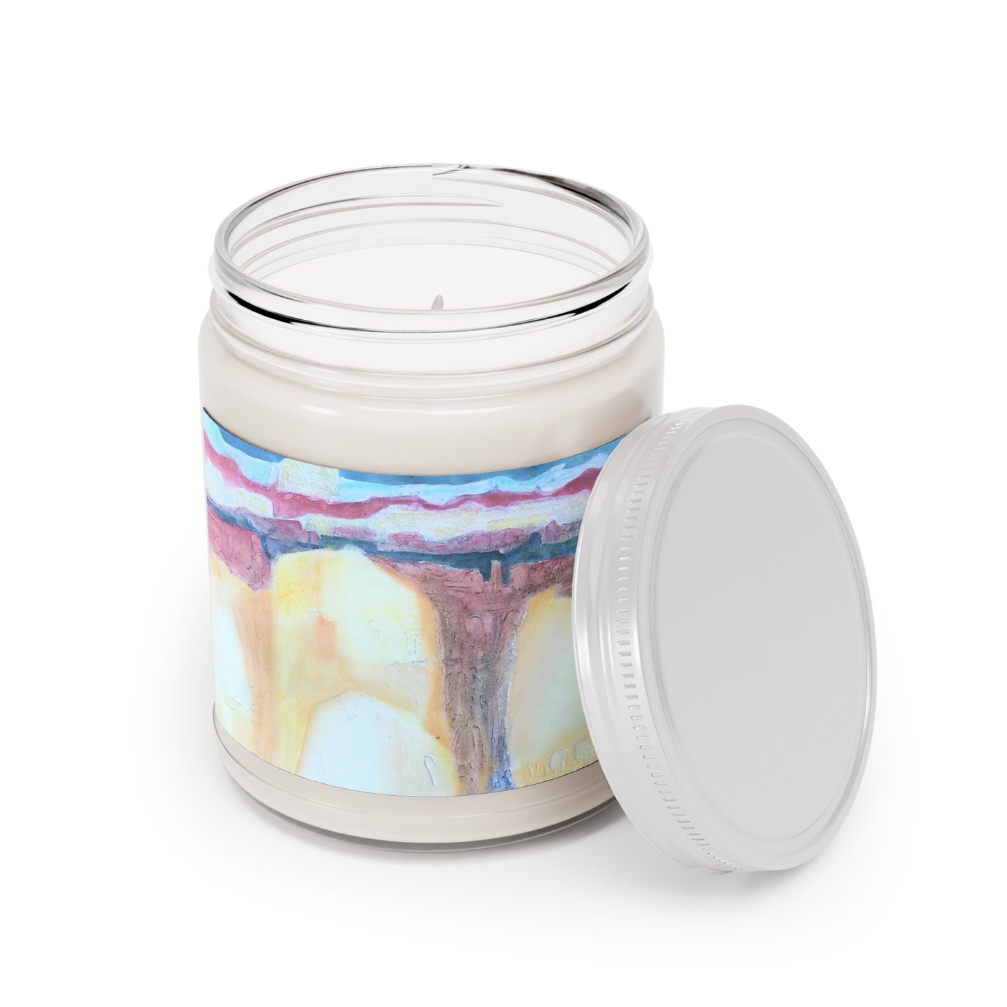 9oz Eco-Friendly Scented or Unscented Soy Wax Candle Jar  with 'Southwest Mixed Media' Abstract Artwork by American Artist Barbara Cleary