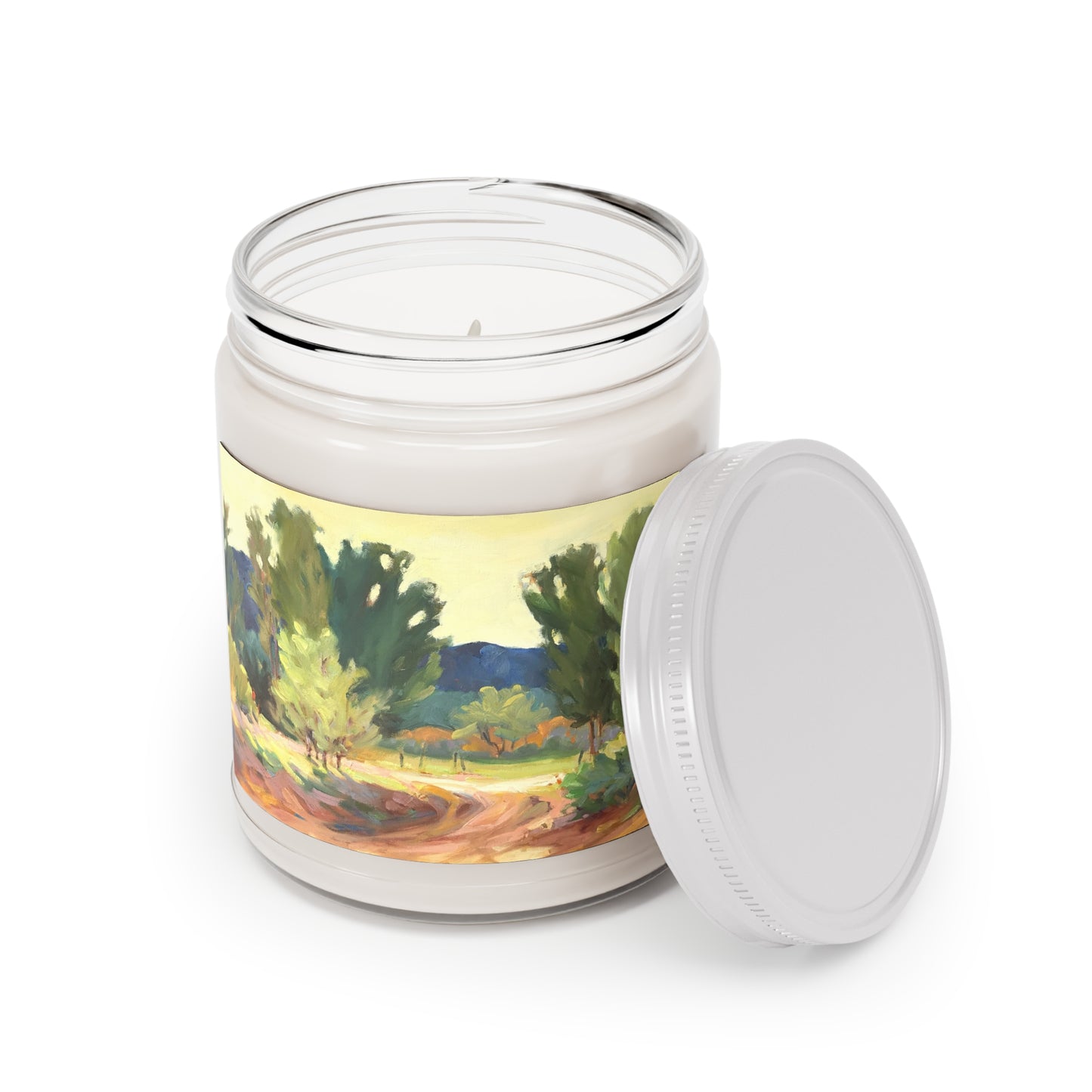 9oz Eco-Friendly Scented or Unscented Soy Wax Candle Jar with 'Hacienda Road' Landscape Artwork by American Artist Barbara Cleary