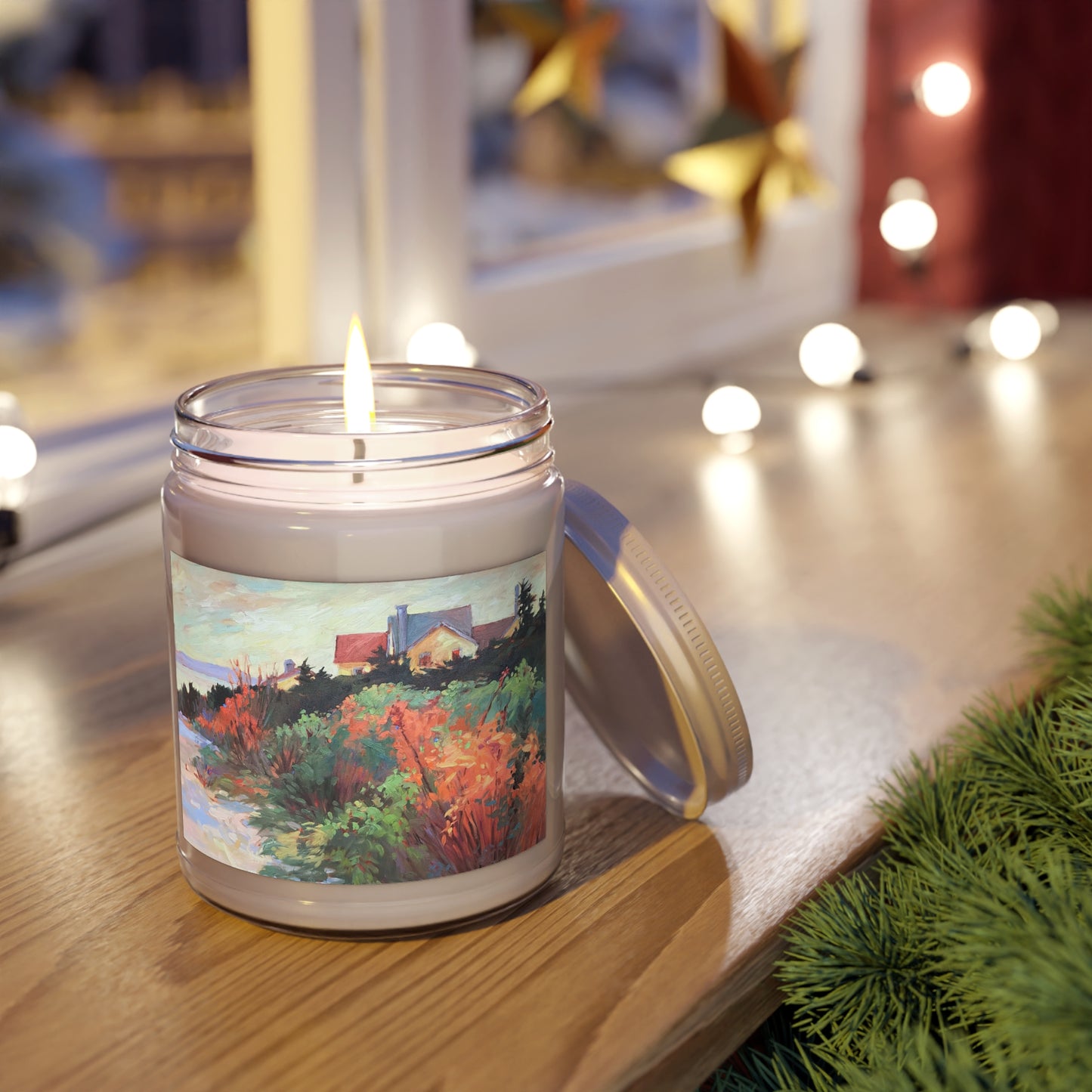 9oz Eco-Friendly Scented or Unscented Soy Wax Candle Jar with 'Crest View' Artwork by American Artist Barbara Cleary (Fall Collection)