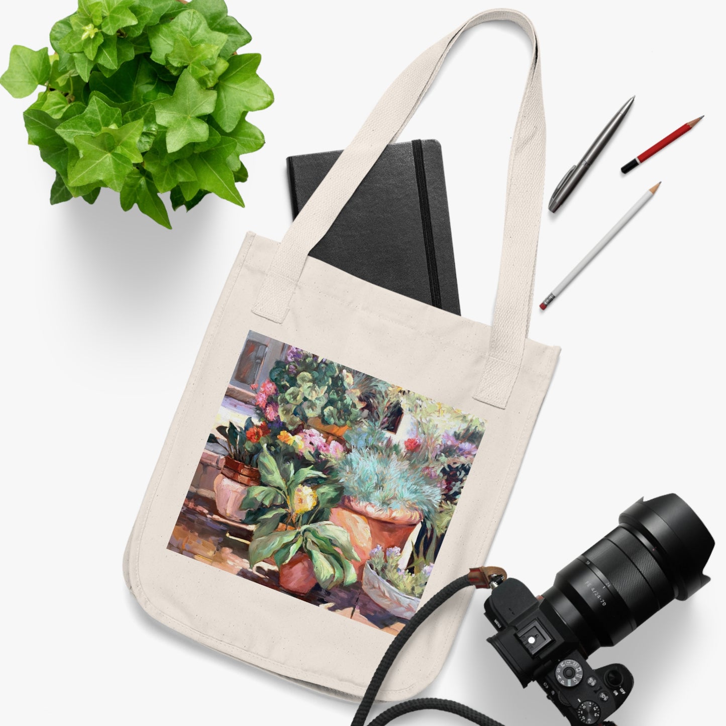 Organic Canvas Tote Bag with 'Garden Serenity' Floral I Original Artwork by American Artist Barbara Cleary