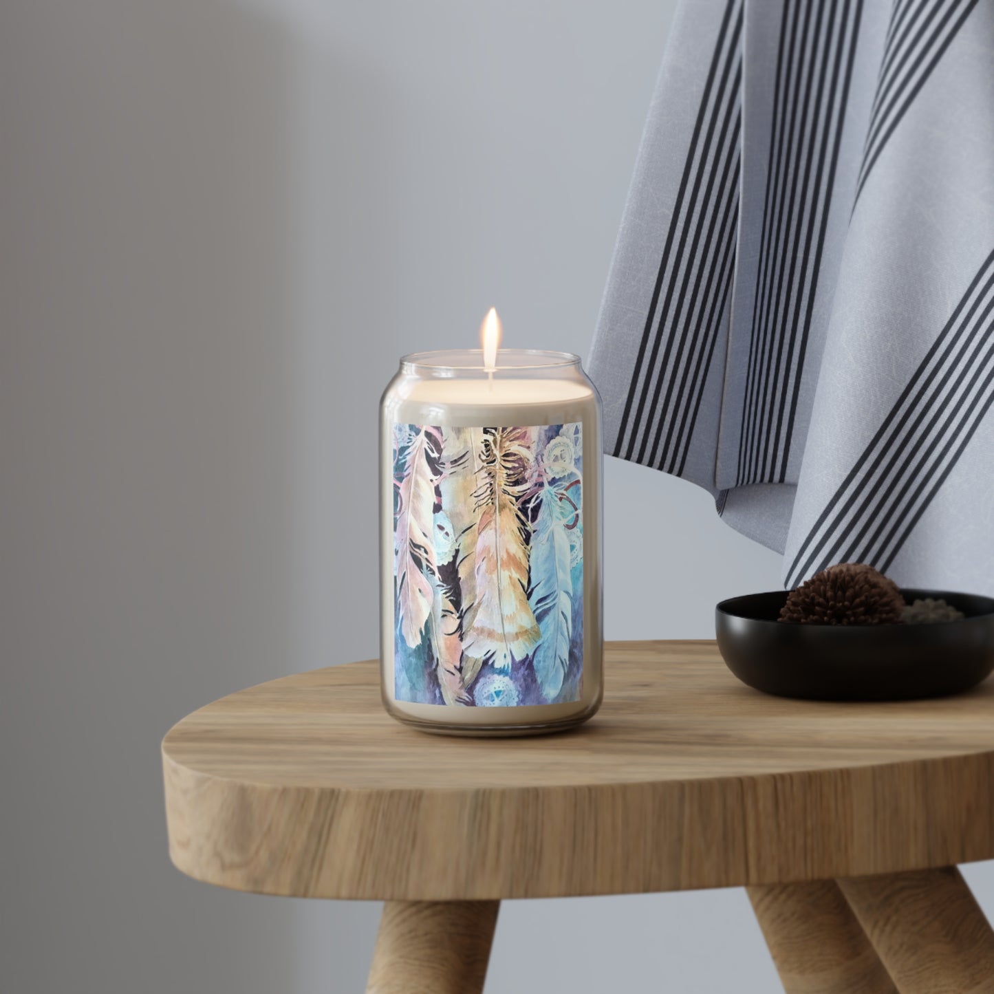 13.75oz Eco-Friendly Scented or Unscented Soy Wax Candle Jar  with 'Conchos Feathers' Artwork by American Artist Barbara Cleary