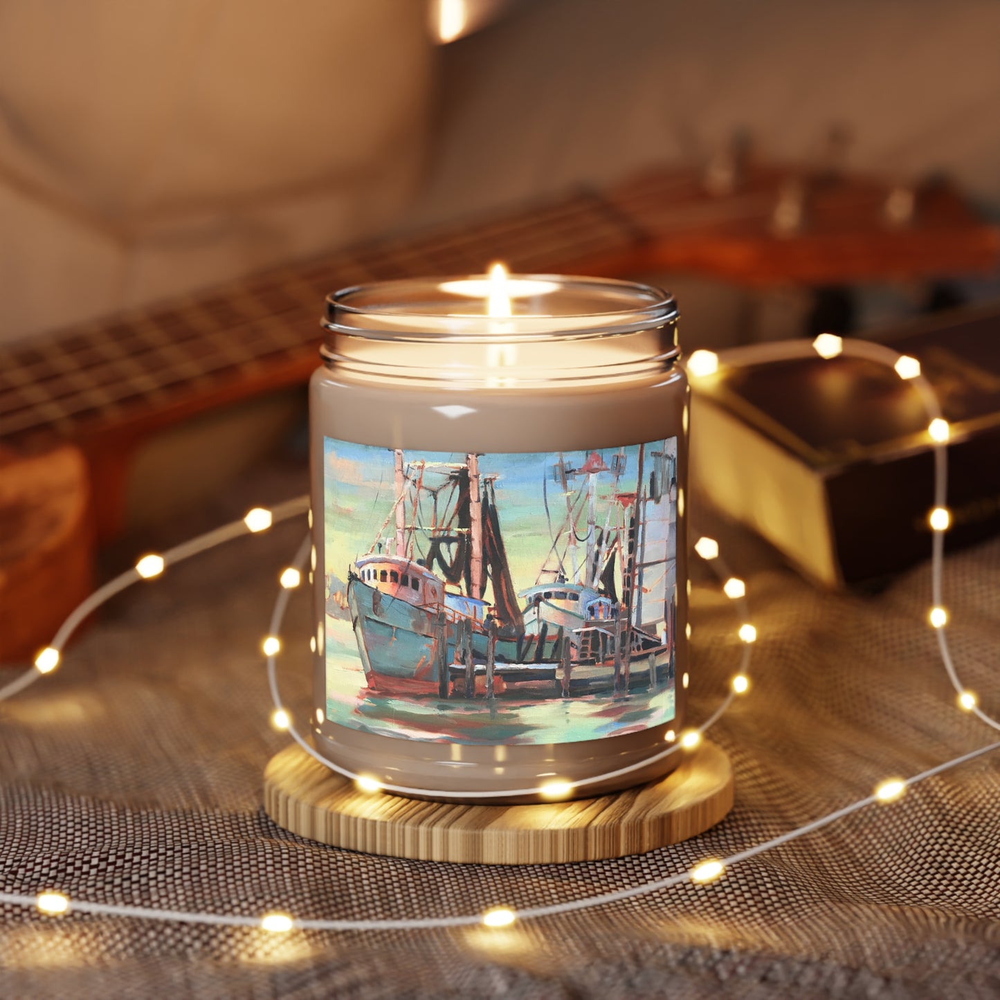 9oz Eco-Friendly Scented or Unscented Soy Wax Candle Jar with 'Biloxi Fishing Fleet' Coastal Artwork by American Artist Barbara Cleary