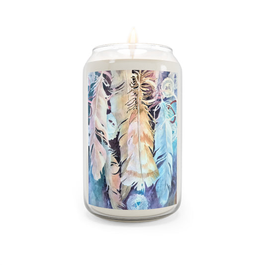 13.75oz Eco-Friendly Scented or Unscented Soy Wax Candle Jar  with 'Conchos Feathers' Artwork by American Artist Barbara Cleary