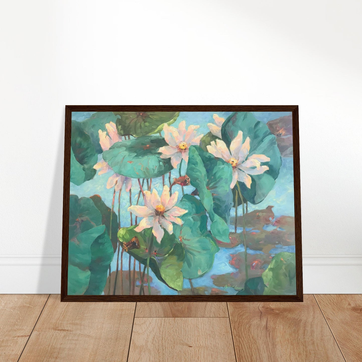 'Lily Pads' Floral | 16x20 inch Wooden Framed Art Print | Original Artwork by American Artist Barbara Cleary