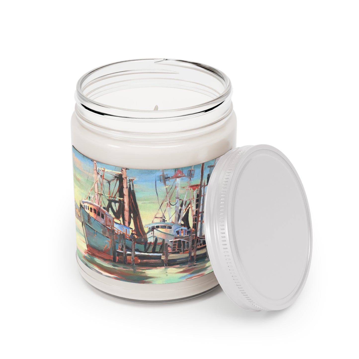 9oz Eco-Friendly Scented or Unscented Soy Wax Candle Jar with 'Biloxi Fishing Fleet' Coastal Artwork by American Artist Barbara Cleary