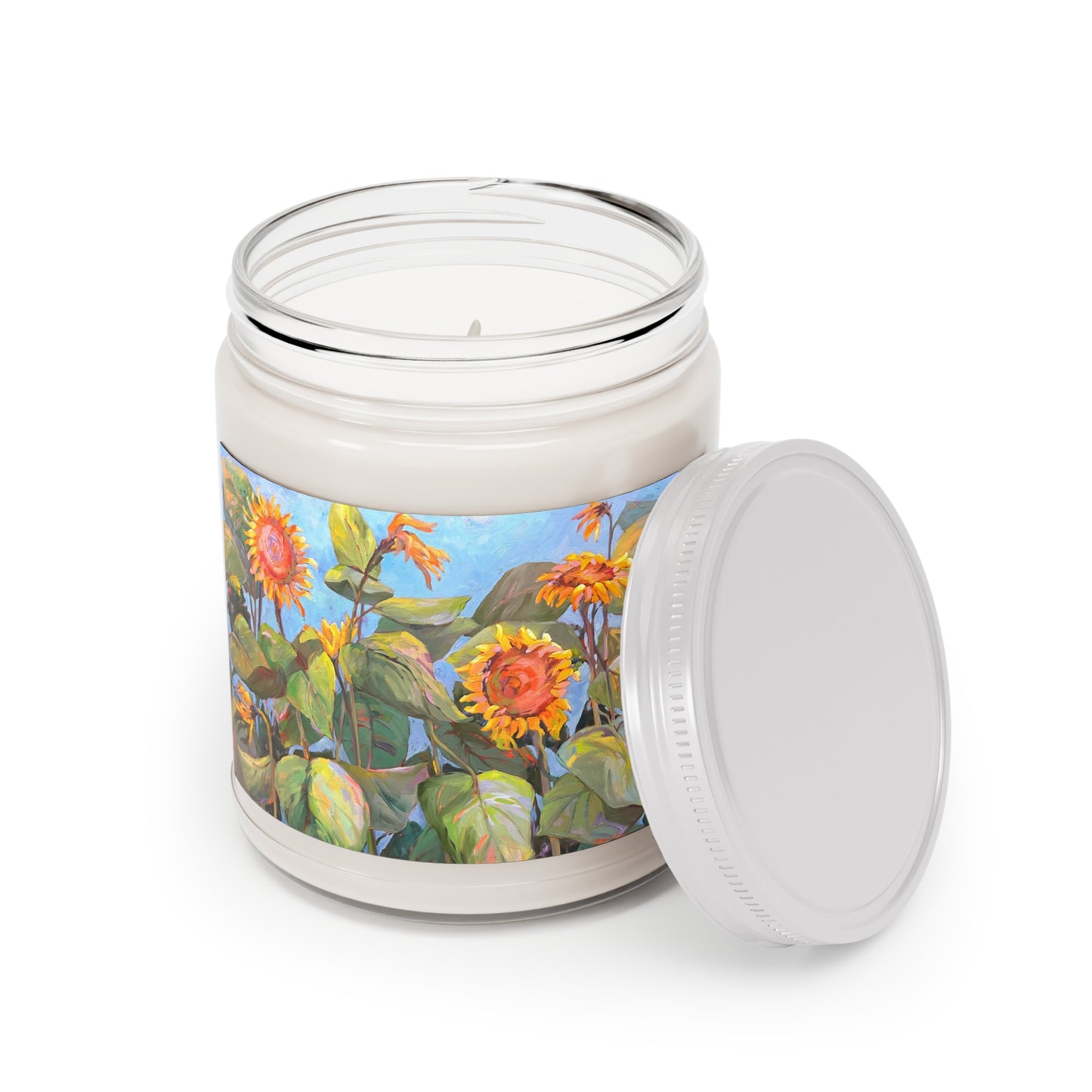 9 oz Soy Wax Candle Jar Featuring “Sunflowers” Floral Oil Painting by Barbara Cleary