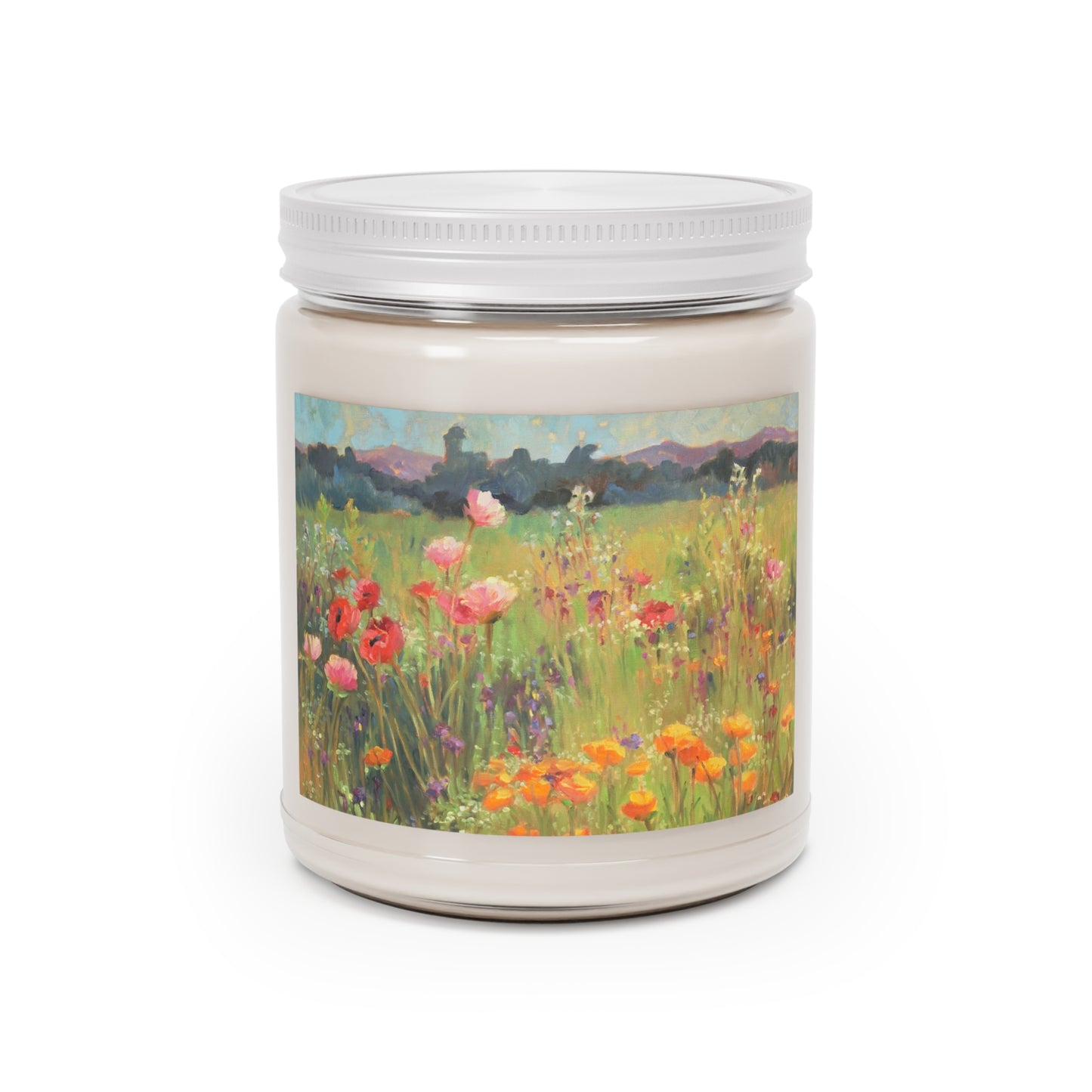 9oz Eco-Friendly Scented or Unscented Soy Wax Candle Jar  with 'Field of Poppies' Floral Artwork by American Artist Barbara Cleary