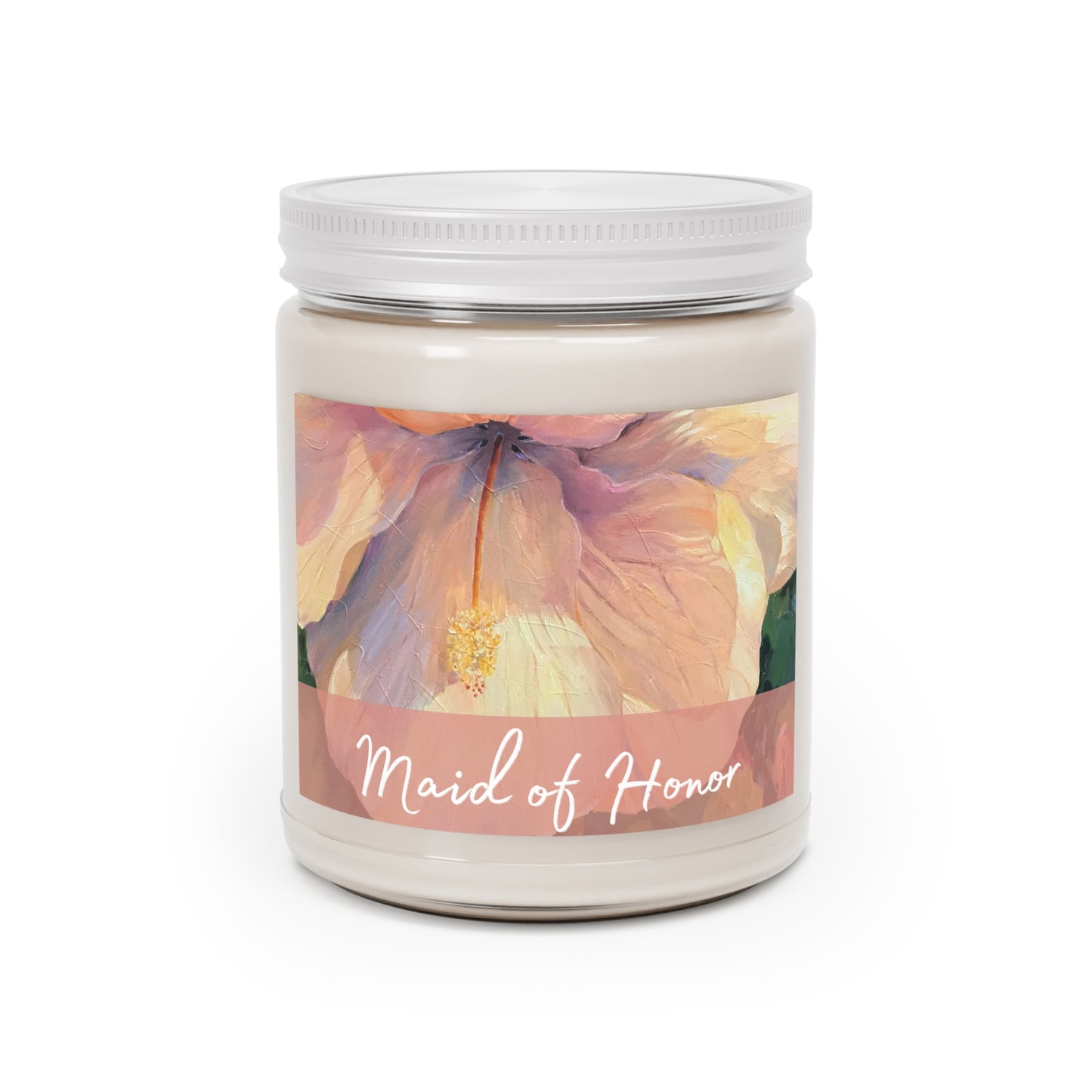 'Maid of Honor' 9oz Eco-Friendly Soy Wax Candle Jar I Bridal Collection with 'Hibiscus' Artwork by American Artist Barbara Cleary