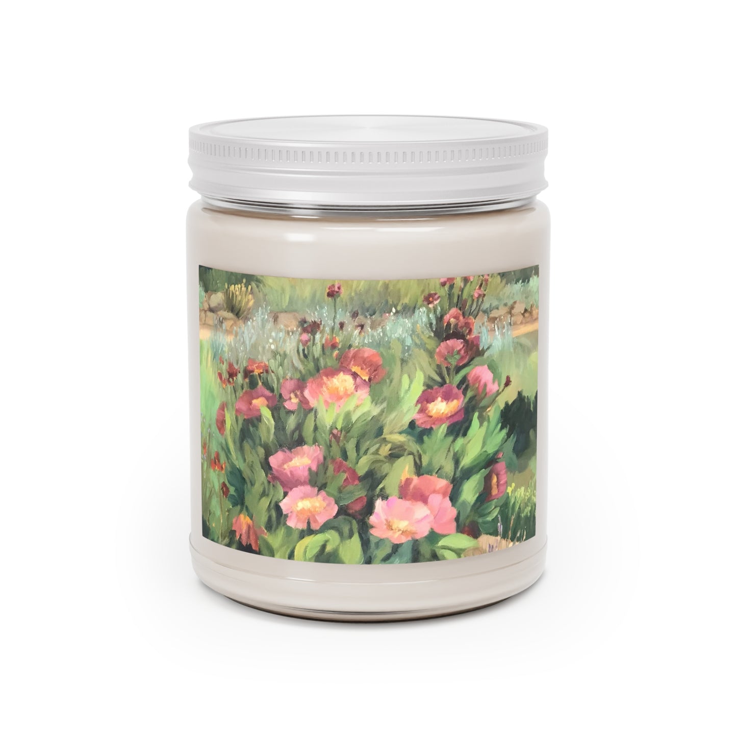 9oz Eco-Friendly Scented or Unscented Soy Wax Candle Jar with 'Pink Blooms' Floral Artwork by American Artist Barbara Cleary