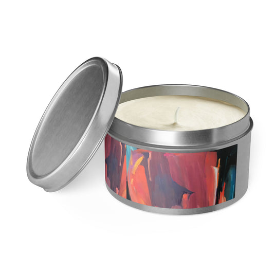 8oz Eco-Friendly Scented or Unscented Soy Wax Tin Candle with 'Colorscape' Abstract Artwork by American Artist Barbara Cleary