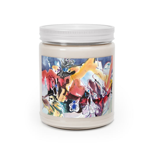 9oz Eco-Friendly Scented or Unscented Soy Wax Candle Jar with 'Floral Fantasy' Abstract Artwork by American Artist Barbara Cleary