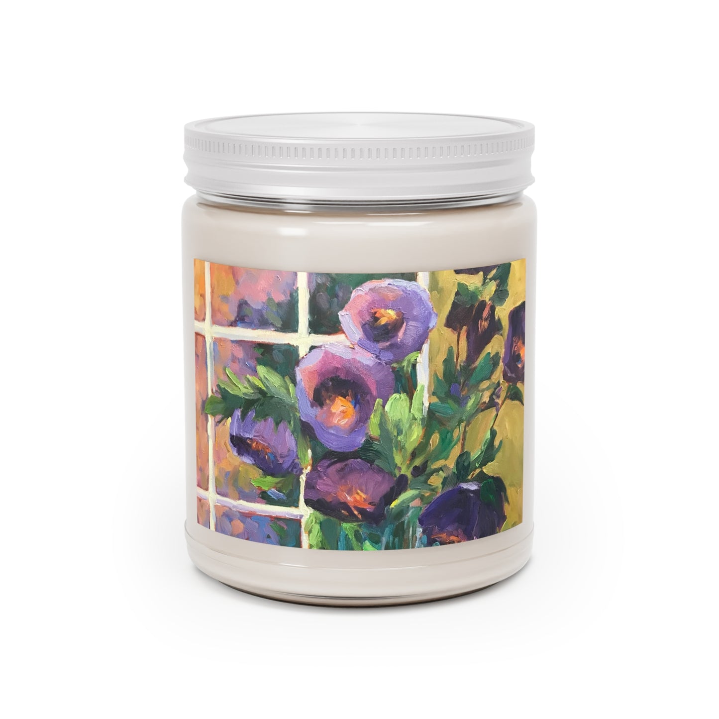 9oz Eco-Friendly Scented or Unscented Soy Wax Candle Jar with 'Purple Flowers' Artwork by American Artist Barbara Cleary